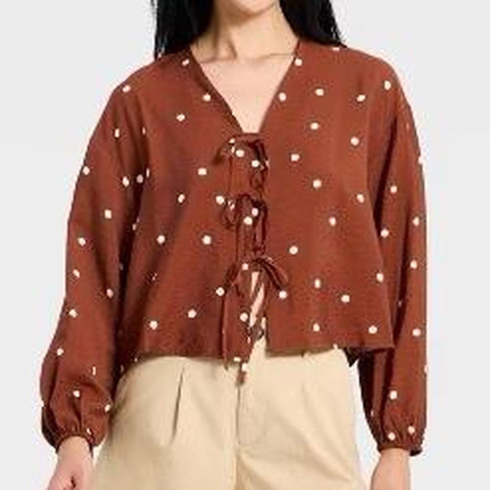 A New Day Women's Balloon Long Sleeve Tie-Front Summer Blouse